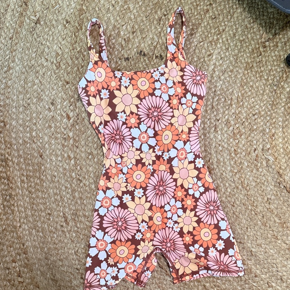 Retro Floral Scoop Romper in Pink & Orange